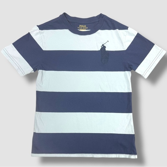 Polo Ralph Lauren Boys Bug Pong Rugby Lines Striped Shirt Light Blue Navy Small - Picture 1 of 4